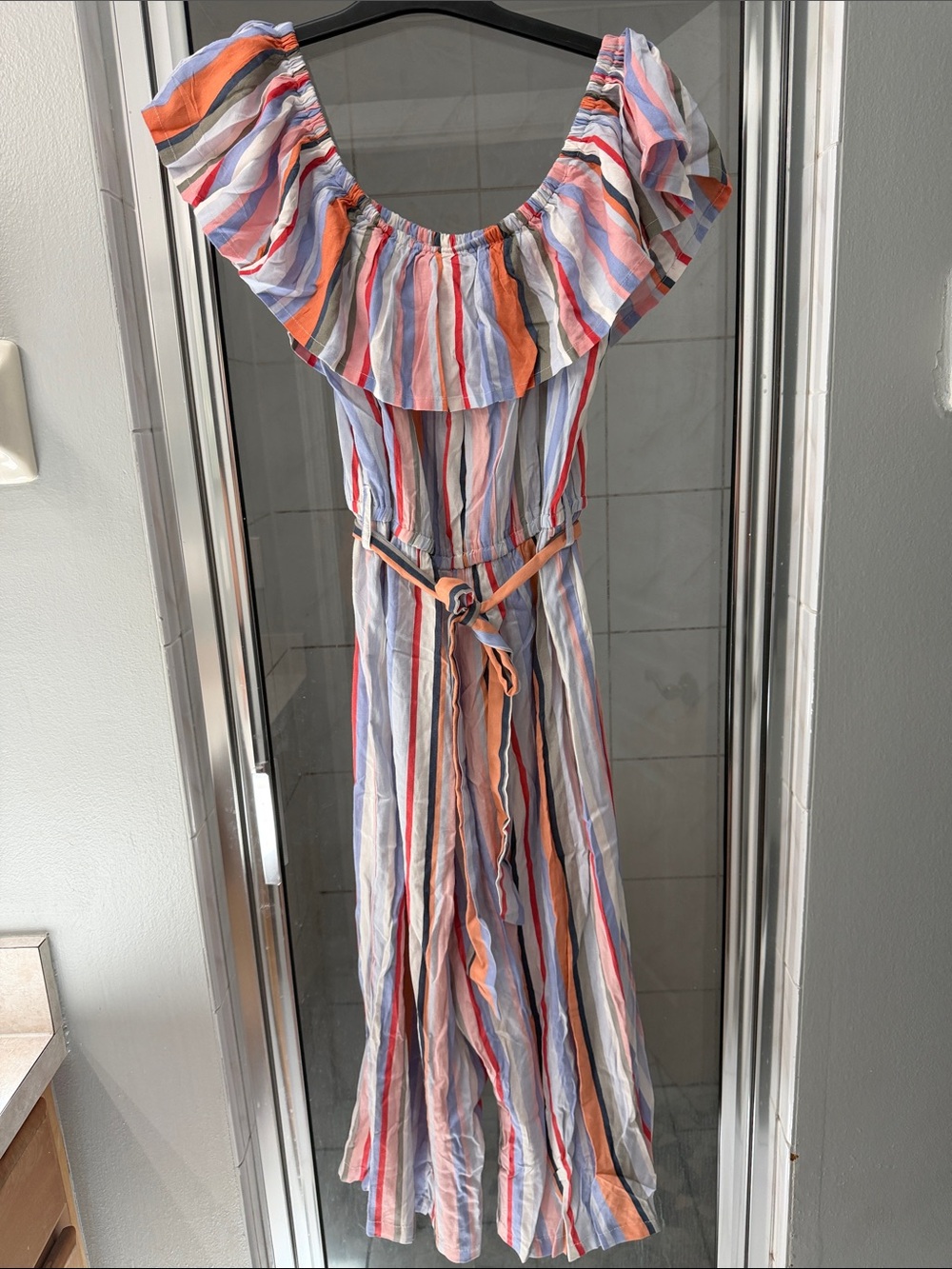 Live 4 Truth Striped Off-Shoulder Dress in Blue, Pink & Orange
